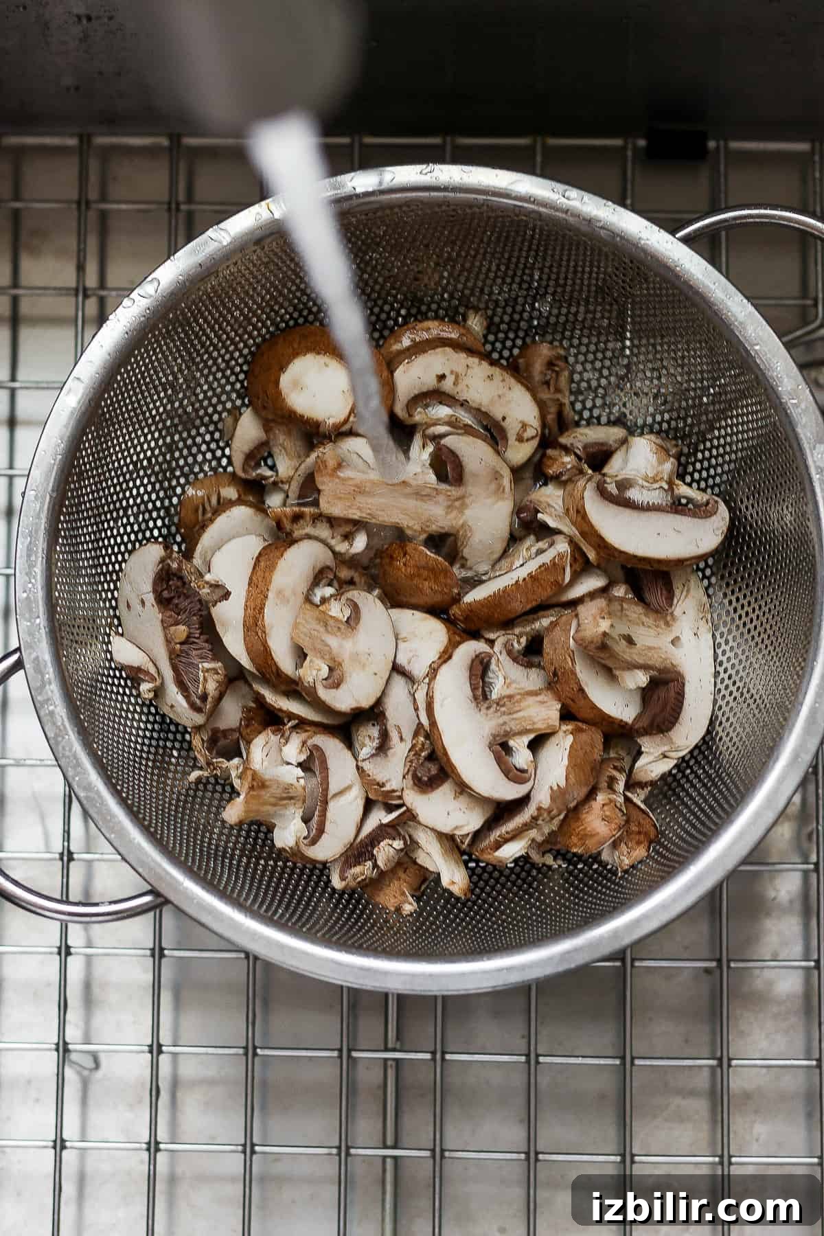 mushrooms in a strainer on a cooling rack.
