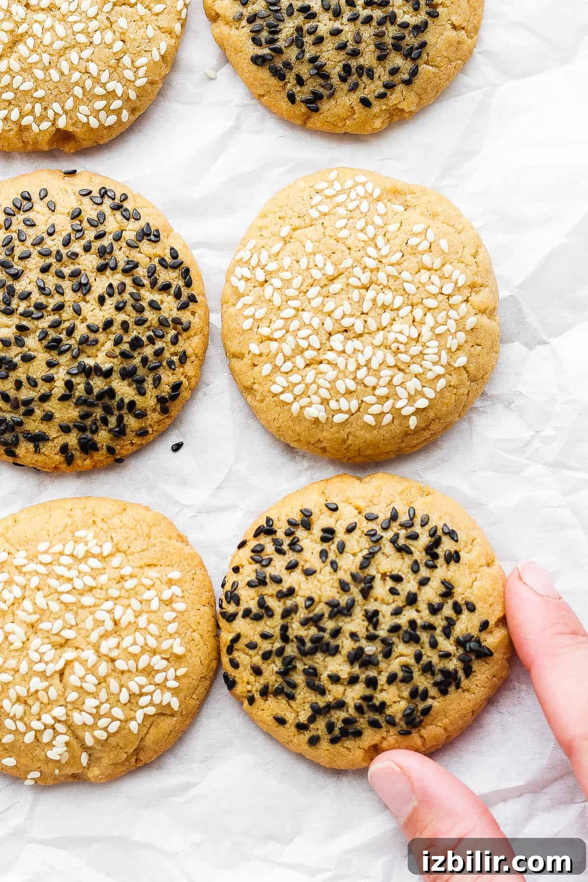 Chewy Tahini Cookies Recipe 7 sesame cookies with sesame seeds on top.