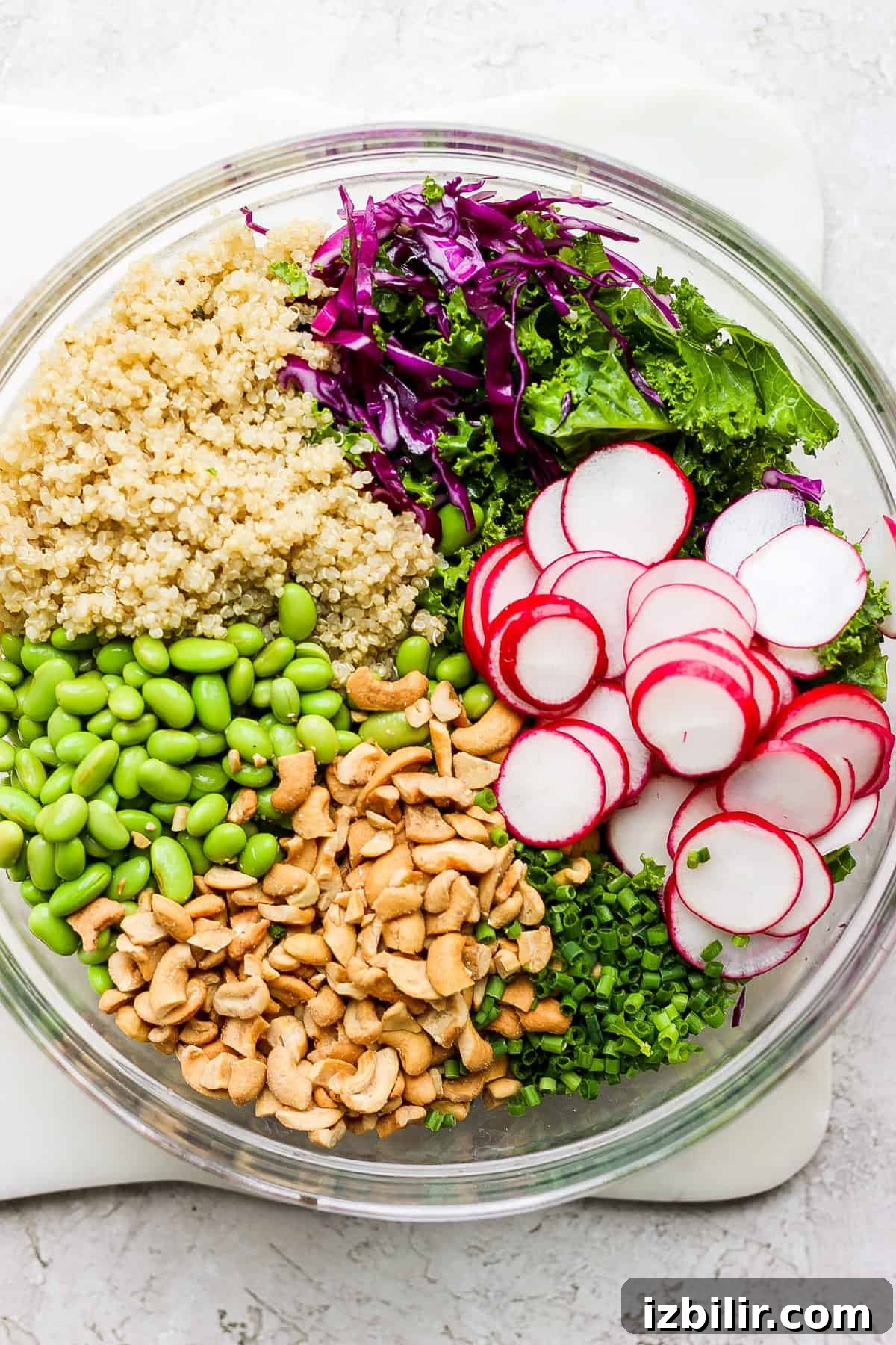 A bowl filled with greens, radishes and quinoa.