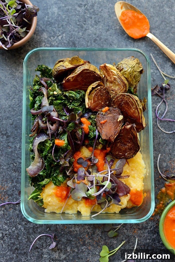 Assembled polenta bowl with toppings
