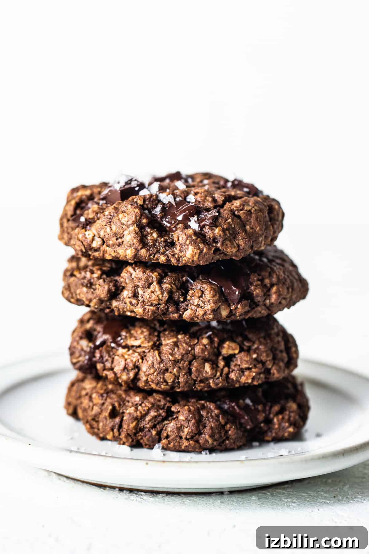 Chewy Chocolate Peanut Butter Oatmeal Cookies Recipe 6 A stack of chocolate oatmeal cookies on a plate.