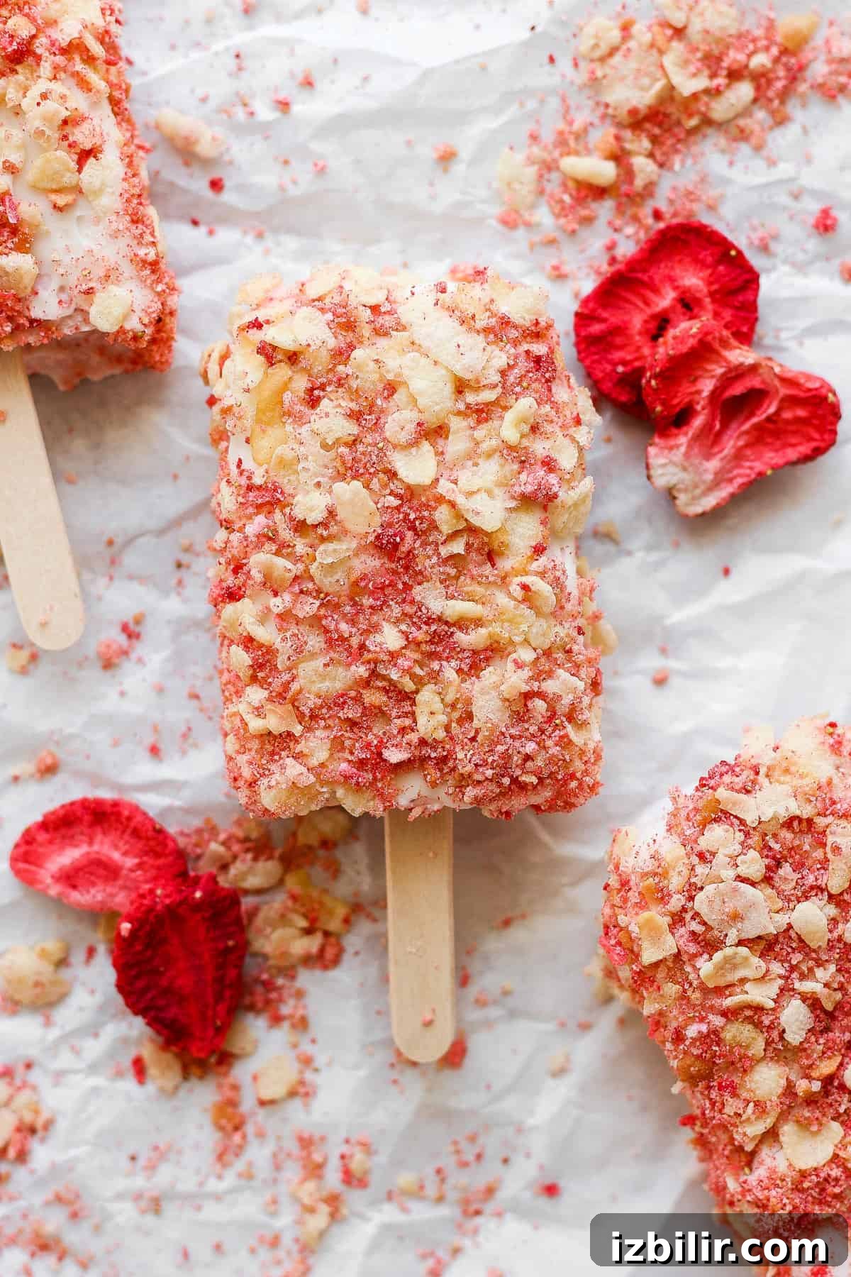 Strawberry popsicles on a sheet of paper.