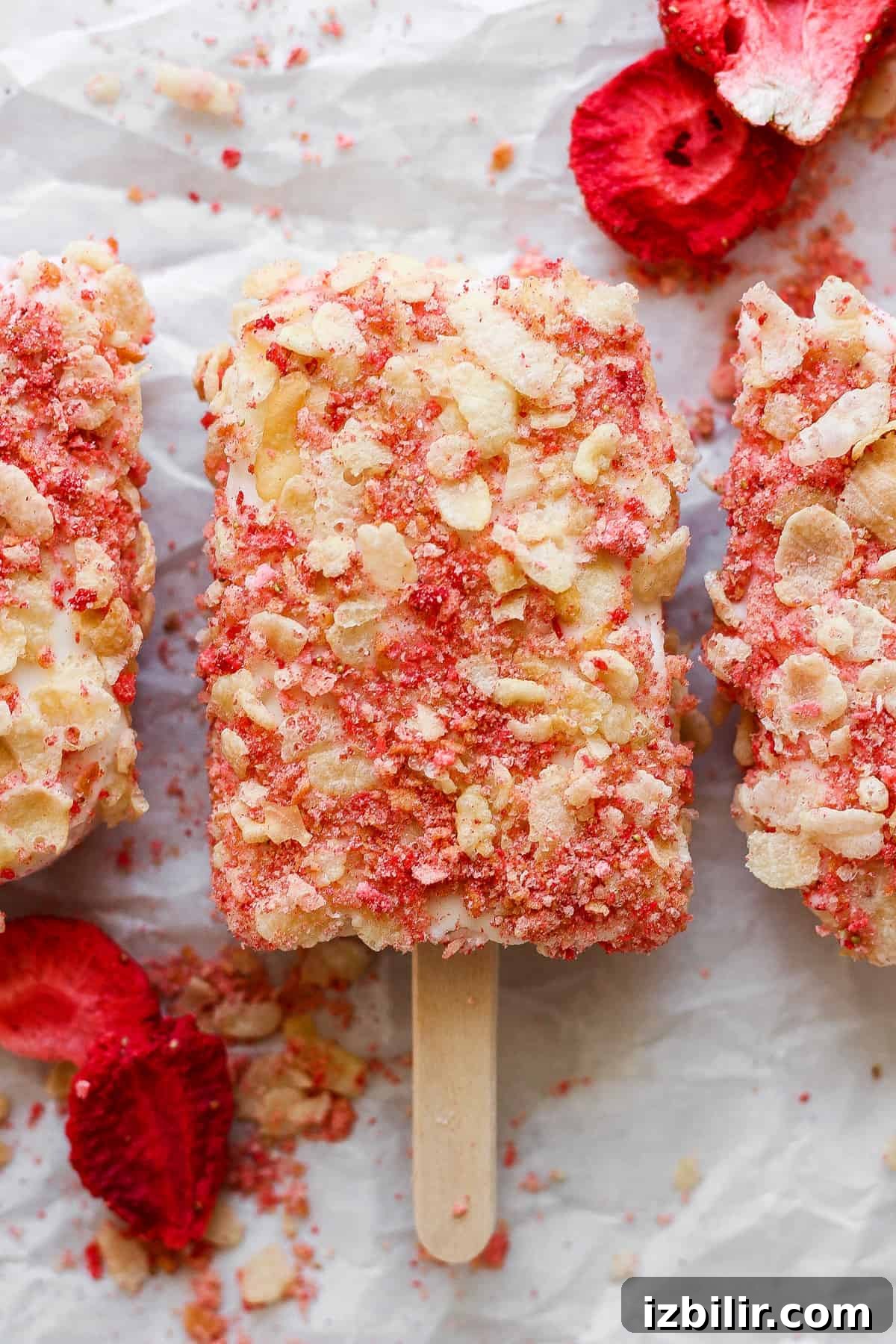 Three popsicles with strawberries and almonds on them.