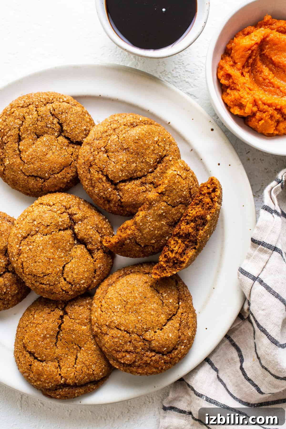 A plate of ginger cookies with a bite taken out of them.