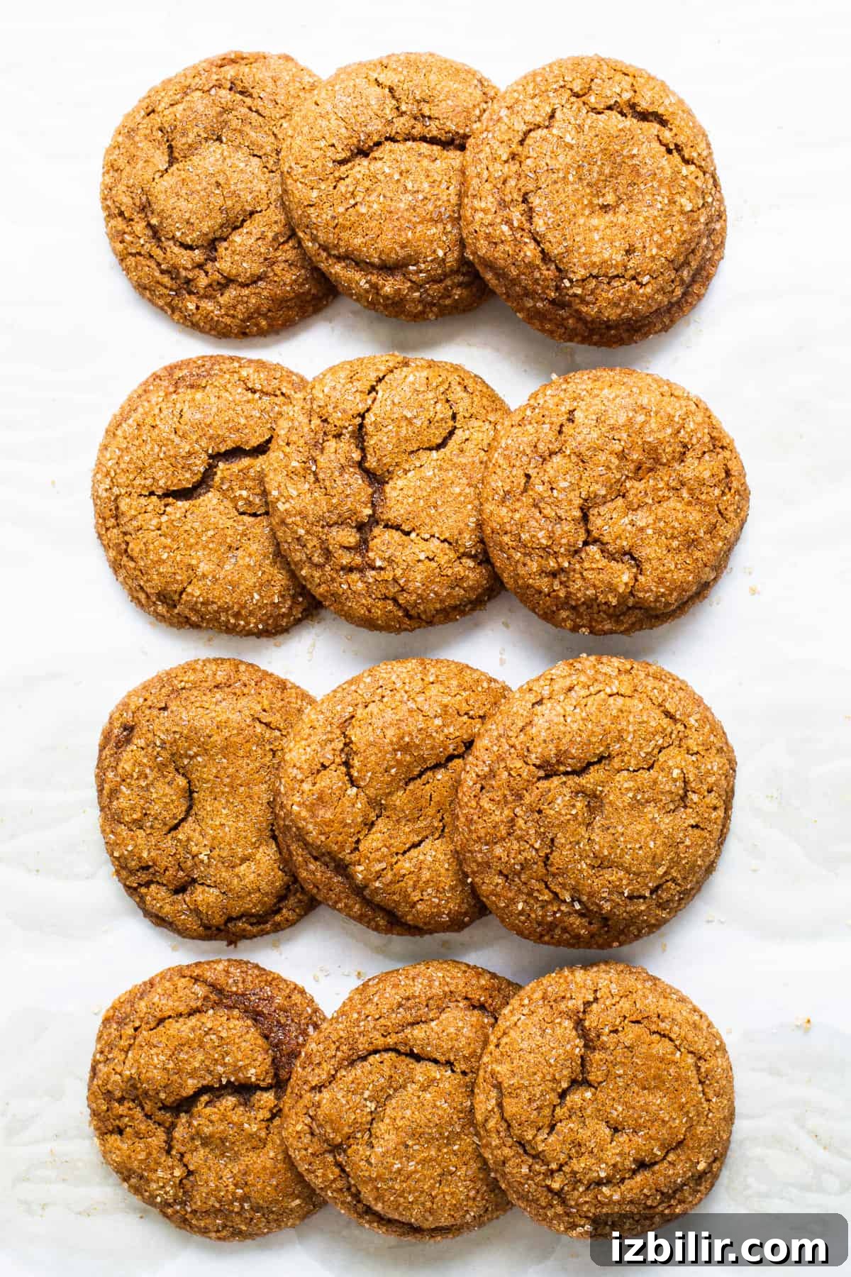 A row of ginger cookies on a white surface.