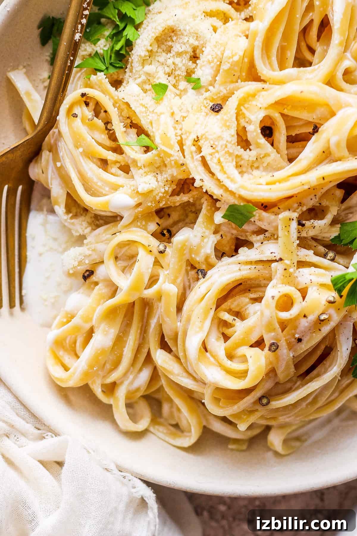 A bowl of pasta with parmesan cheese and parsley.