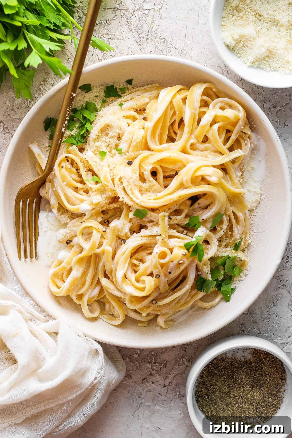 A bowl of pasta with parmesan cheese and parsley.