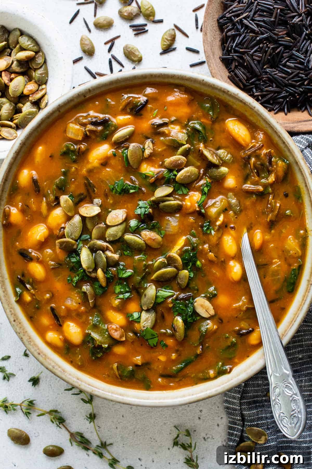 A bowl of soup with pumpkin seeds and beans.