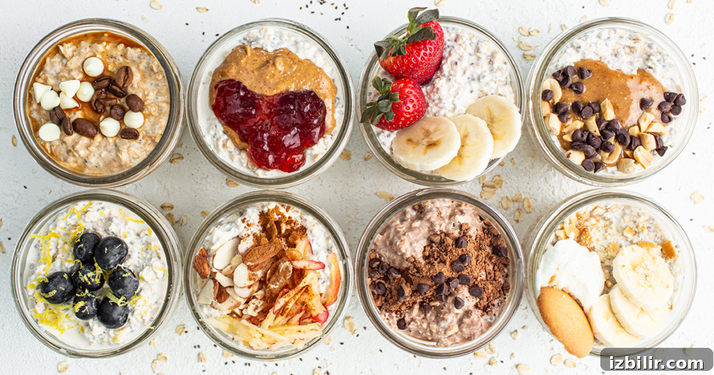 3 Protein-Packed Overnight Oats Recipes 10 A group of jars filled with oatmeal, fruit, and nuts.
