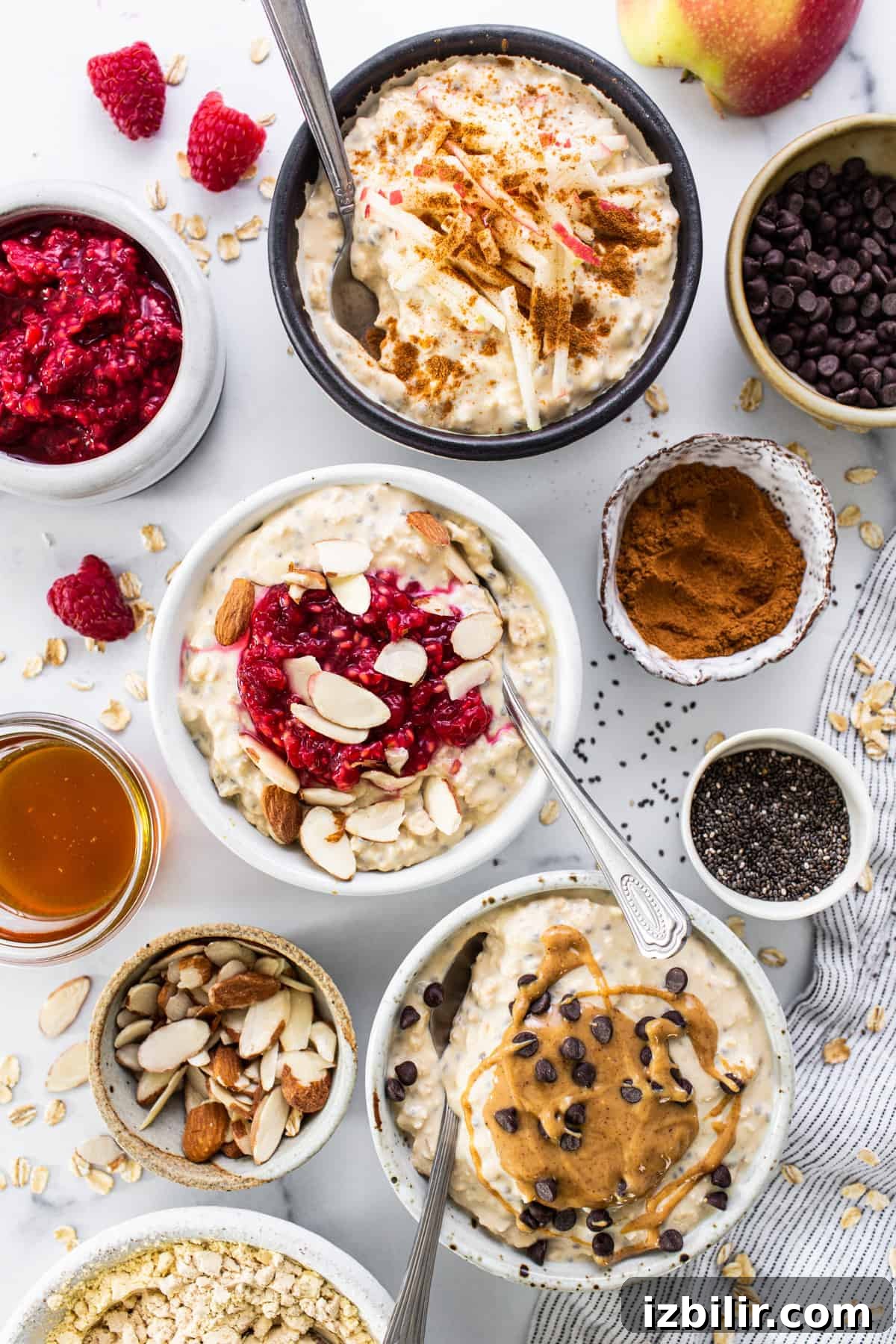 3 Protein-Packed Overnight Oats Recipes 4 a table topped with bowls of oatmeal and fruit.