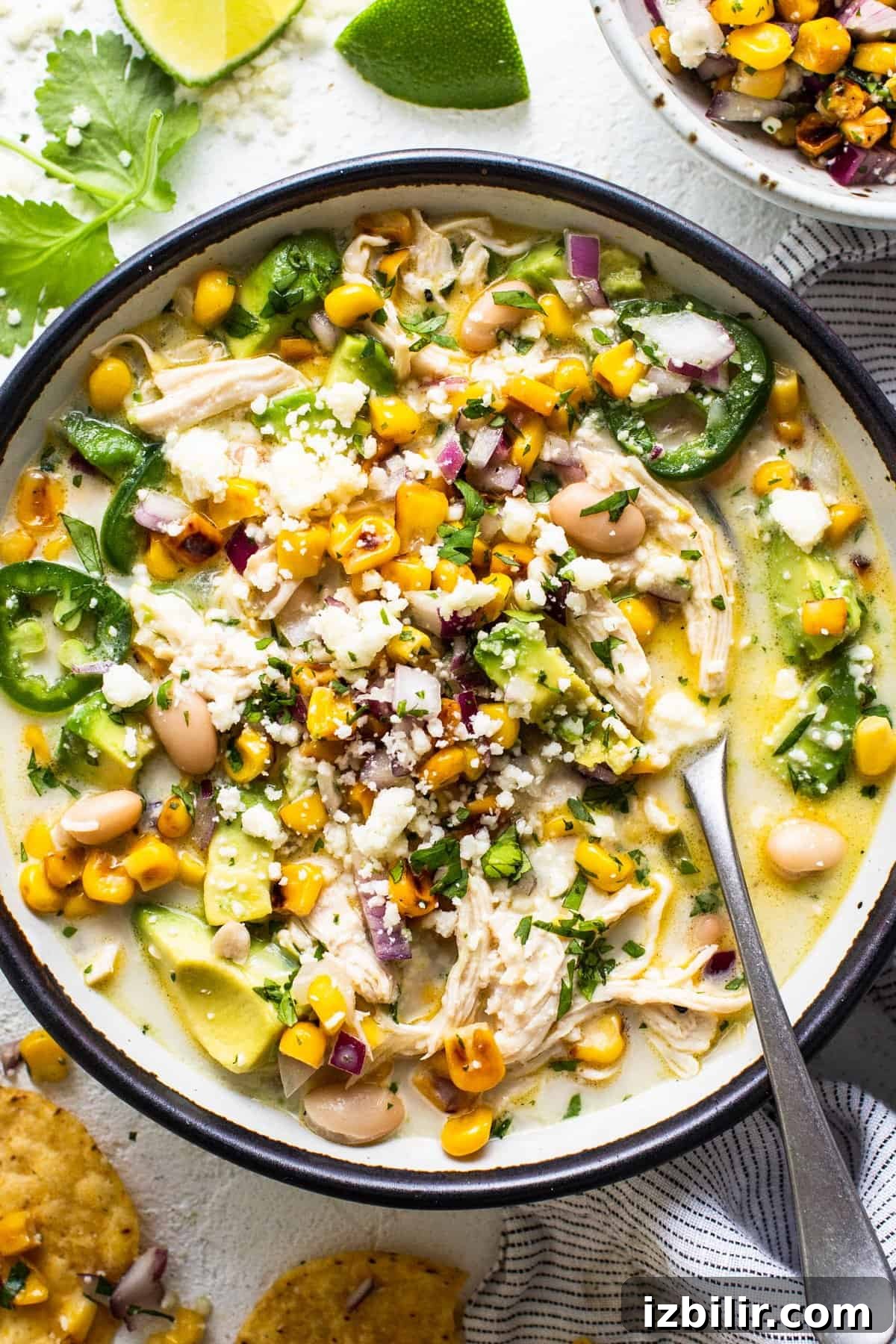 Mexican chicken soup in a bowl with tortilla chips.