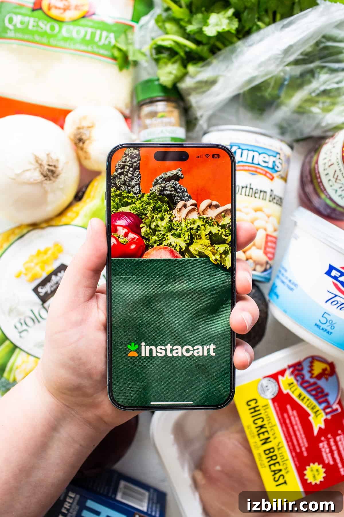 A person holding a phone up to a bag of groceries.