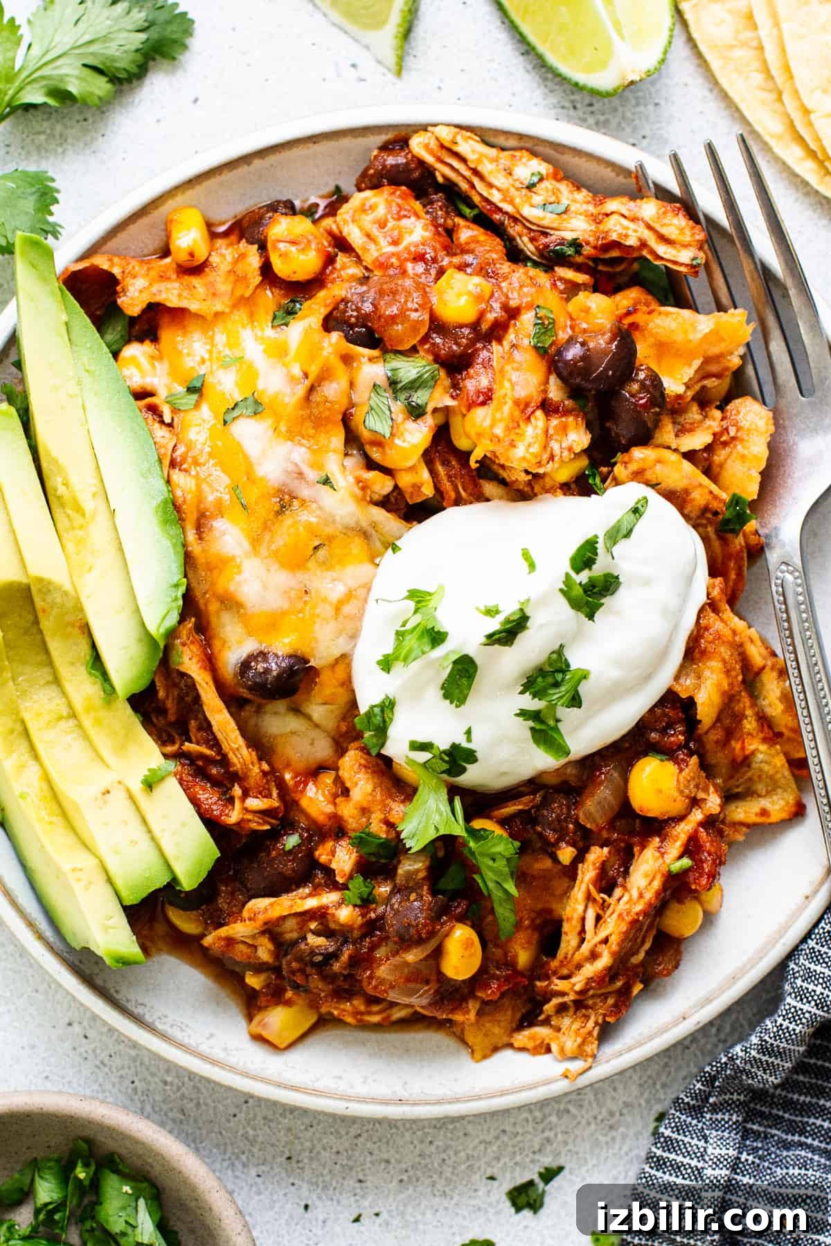 Mexican chicken enchilada on a plate with sour cream and avocado.