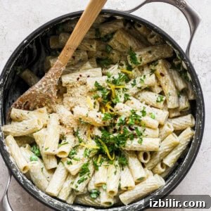 Creamy One-Pot Boursin Pasta Recipe 8 Penne pasta in a skillet with parmesan cheese and parsley.