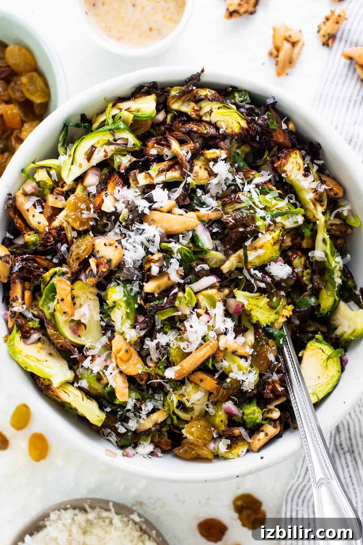 Crispy Air Fryer Brussels Sprouts Salad 7 Brussels sprout salad in a white bowl.