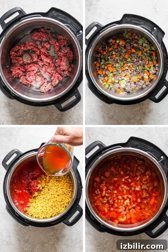 Step-by-step photos showing sautéing meat and vegetables in an Instant Pot.