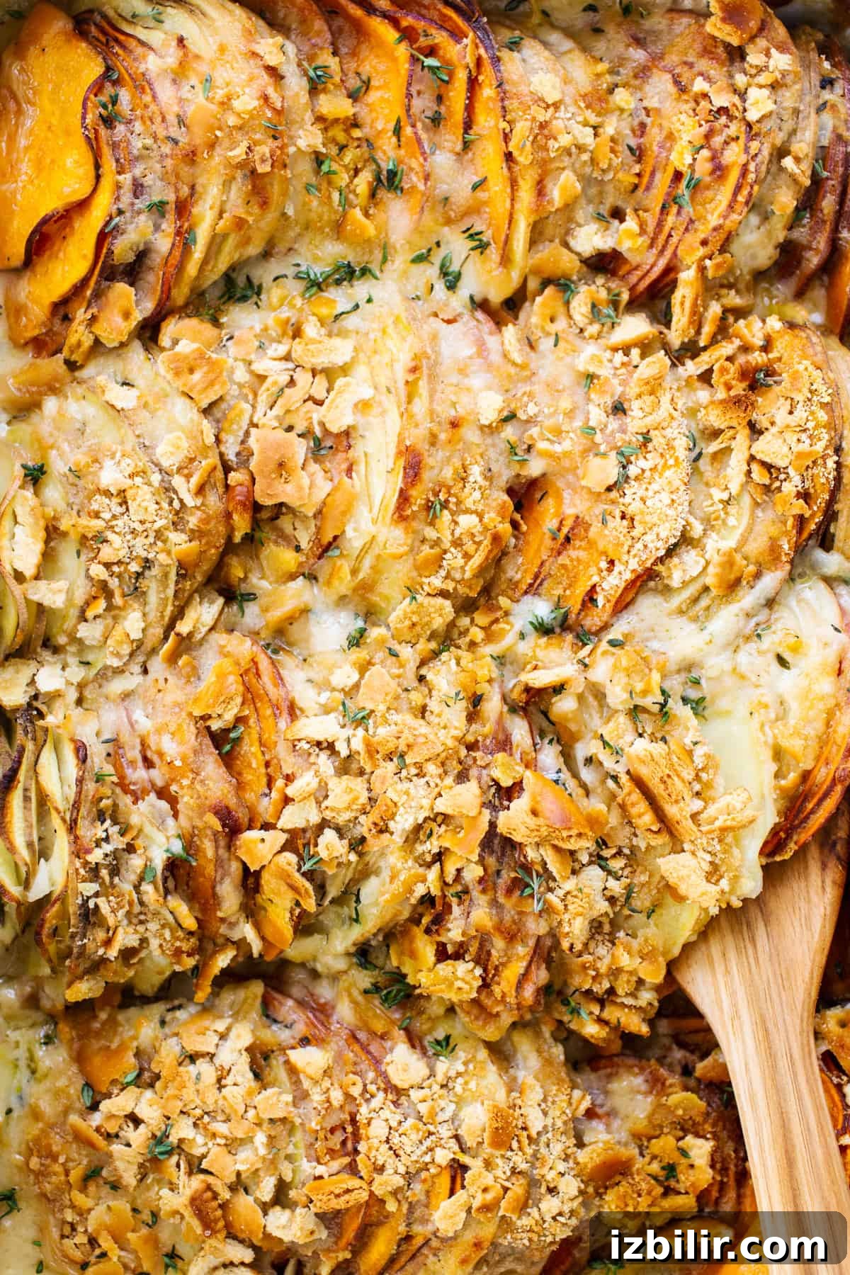 Classic Sweet Potato Au Gratin Recipe 6 A dish of roasted sweet potatoes with a wooden spoon.