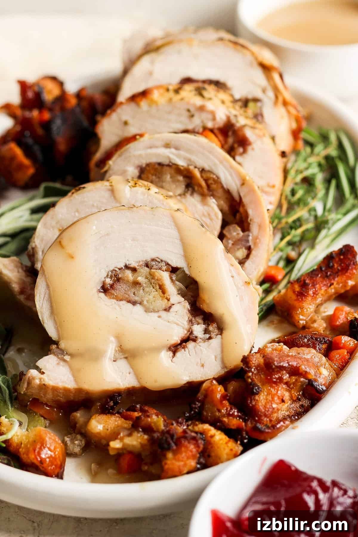Thanksgiving Turkey Roulade Recipe with Italian Sausage Stuffing 6 Thanksgiving turkey stuffed with cranberries and cranberry sauce.