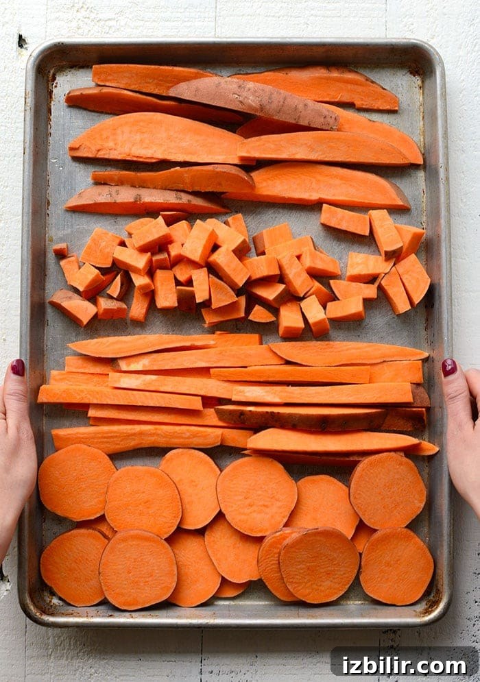 Roasted sweet potatoes can be cut into cubes, fries, rounds, or wedges and can be prepared in less than 30 minutes! wedges, cubes, fries, and rounds of sweet potatoes