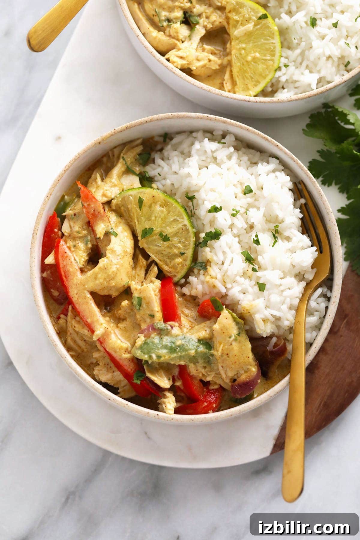 Coconut curry chicken in a bowl with rice, peppers, and onions.