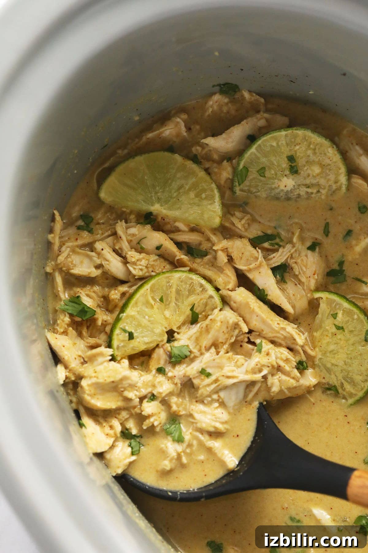 Coconut curry chicken in the slow cooker with fresh limes and cilantro in them.