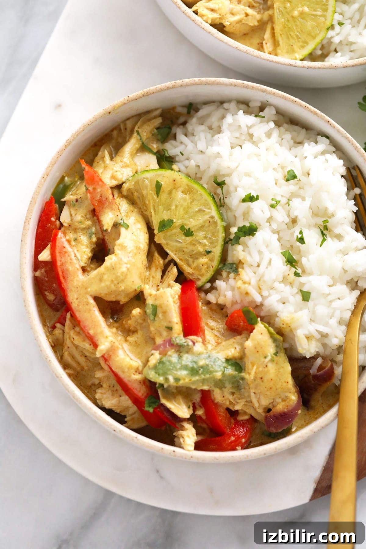 A bowl of coconut curry chicken and rice.