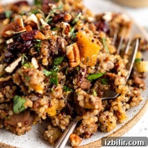 Roasted Butternut Squash and Quinoa Stuffing 6 A plate with quinoa and nuts on it.