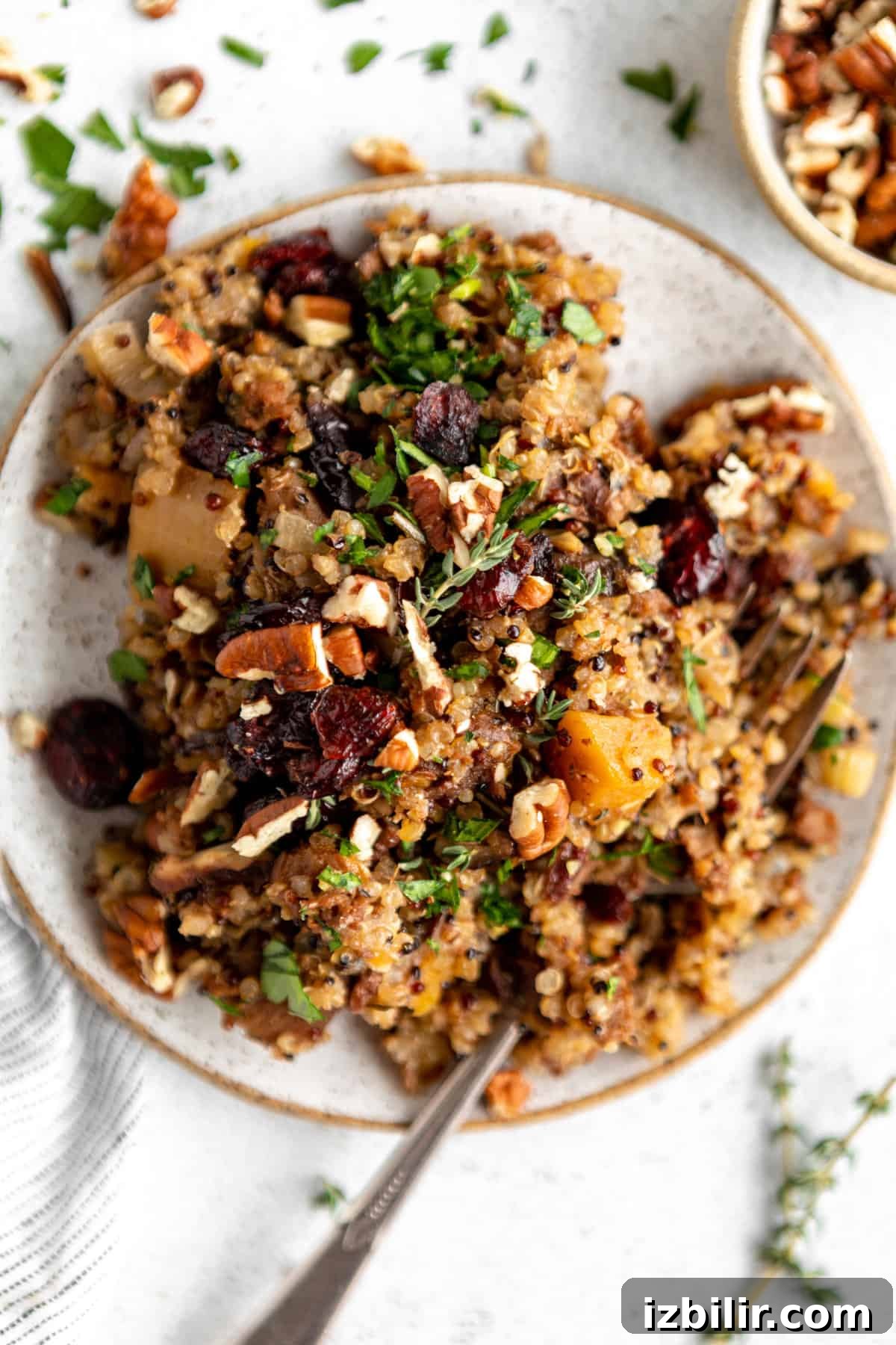 Roasted Butternut Squash and Quinoa Stuffing 5 Quinoa with cranberries and nuts on a plate.