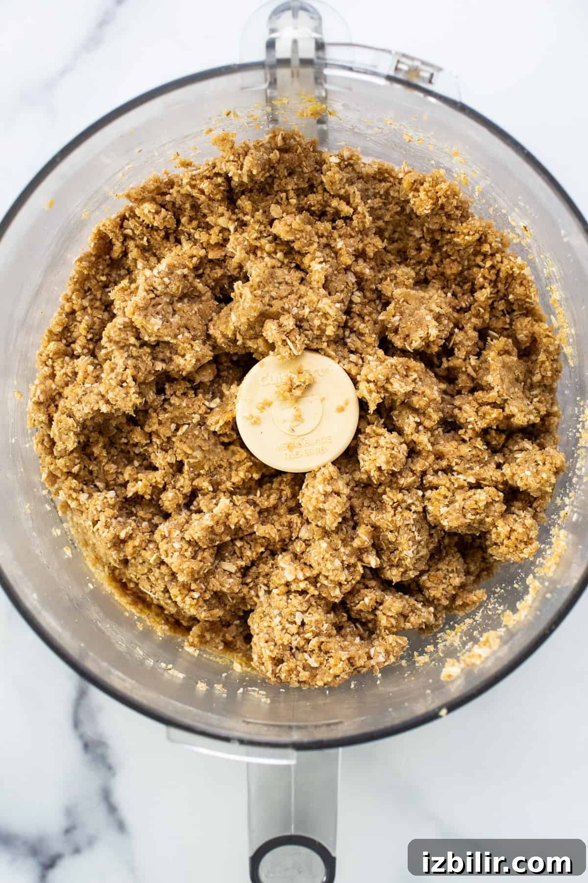 Fig-Filled Oatmeal Crumble Bars 4 A food processor filled with oats and bananas.