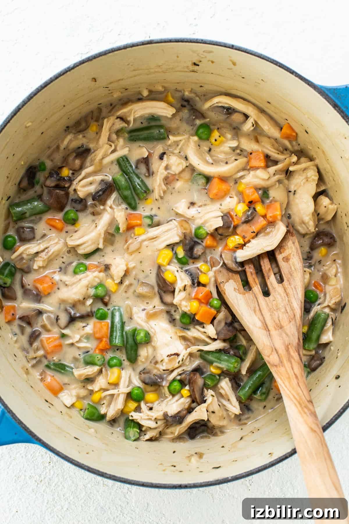 Chicken stew in a pot with vegetables and a wooden spoon.