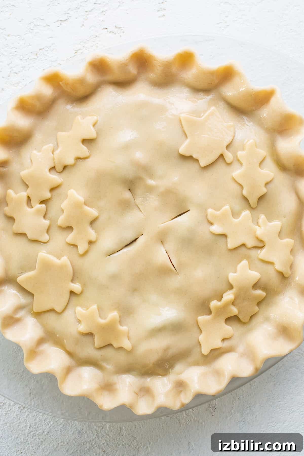 A pie with leaves on top of it.