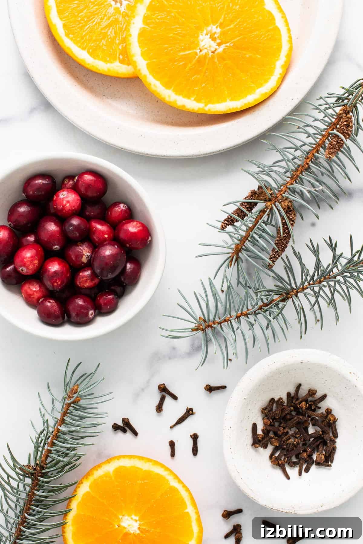 Holiday Simmer Pot Recipe for a Cozy, Fragrant Home 3 Cranberries, oranges and pine cones on a marble table.