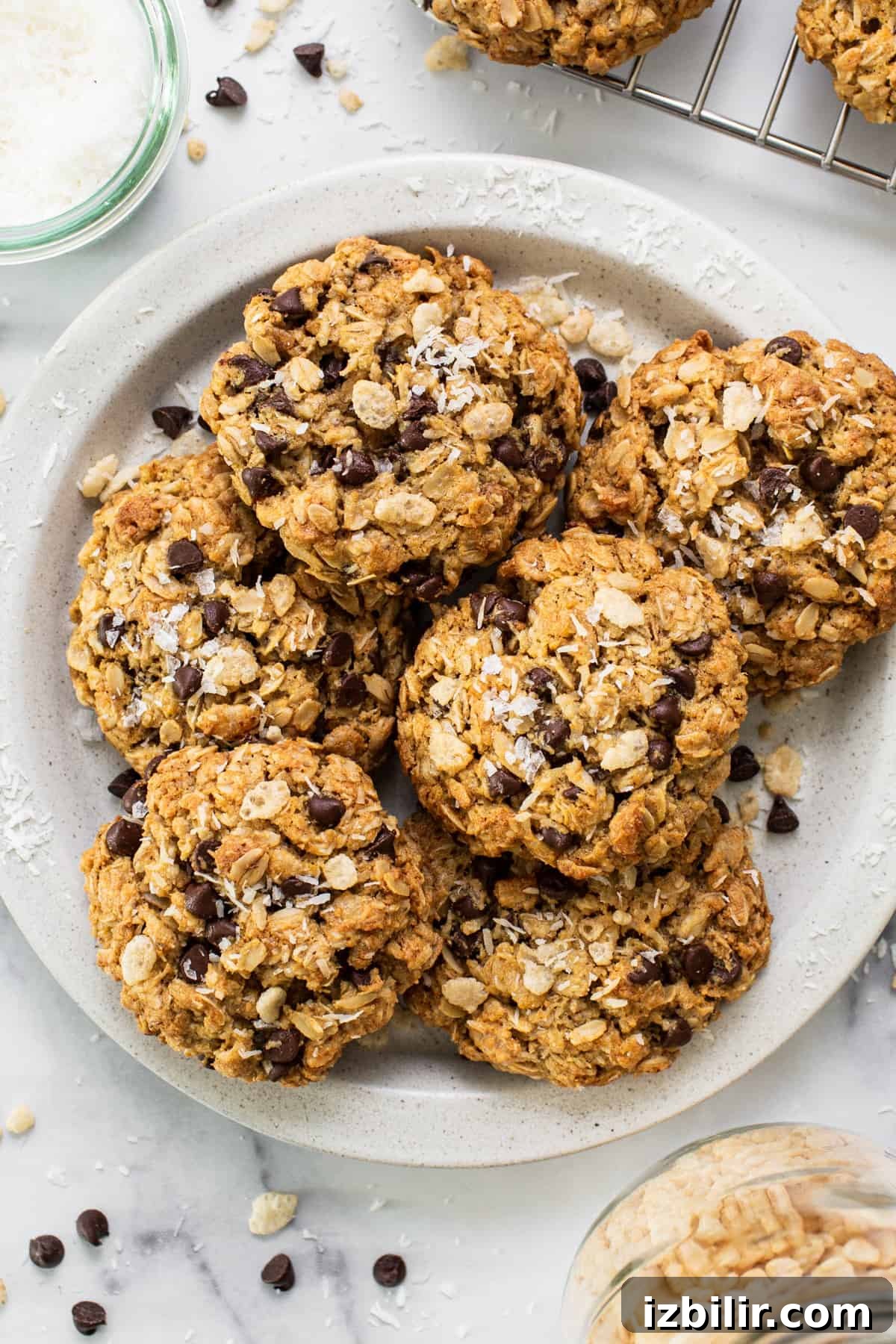 Chewy Flourless Ranger Cookies with Chocolate and Oats 6 Chocolate chip oatmeal cookies on a plate.