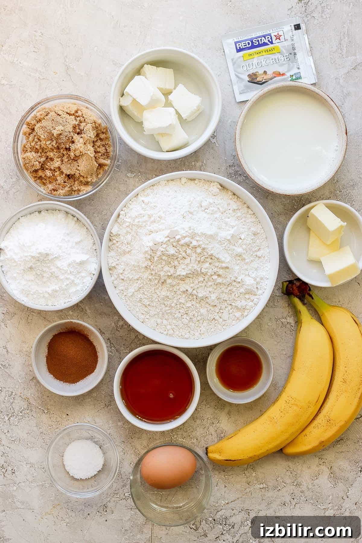Brown Butter Banana Bread Cinnamon Rolls Recipe 3 Ingredients for banana bread arranged on a table.