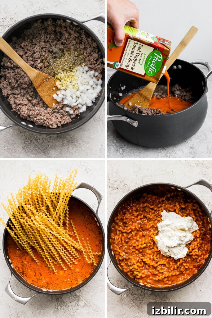 One-Pot Lasagna Pasta Recipe: Creamy Skillet Lasagna 4 A series of photos showing how to make spaghetti and meat sauce.