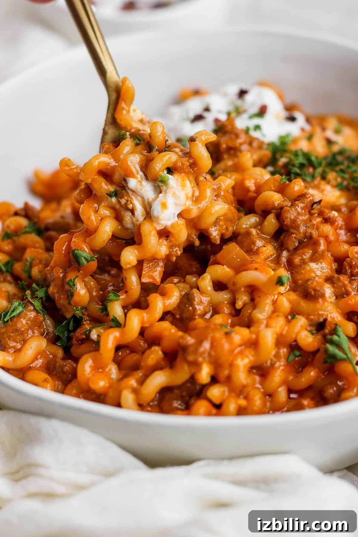 One-Pot Lasagna Pasta Recipe: Creamy Skillet Lasagna 5 A bowl of pasta with meat sauce and sour cream.