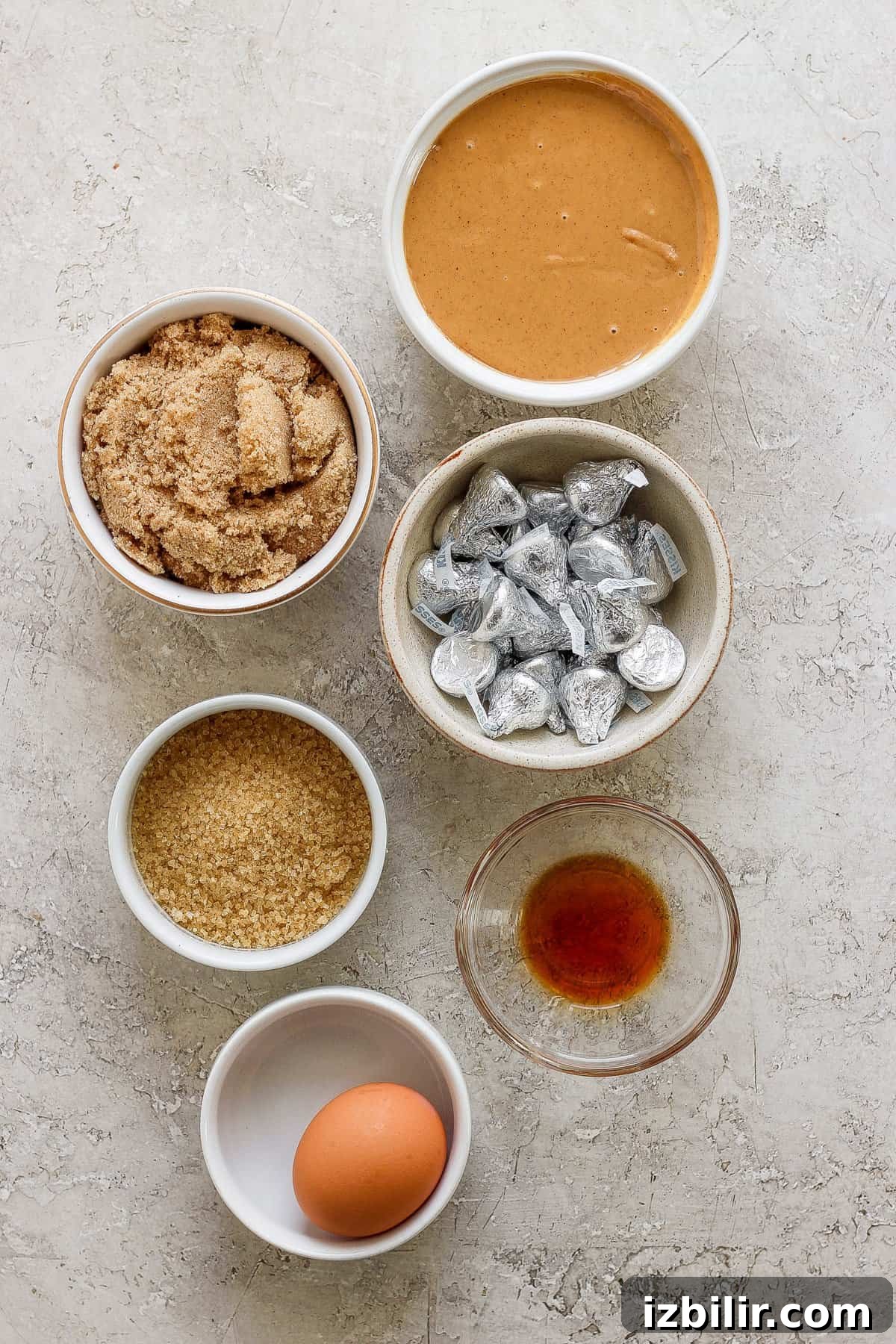 The ingredients for a recipe for peanut butter cookies.