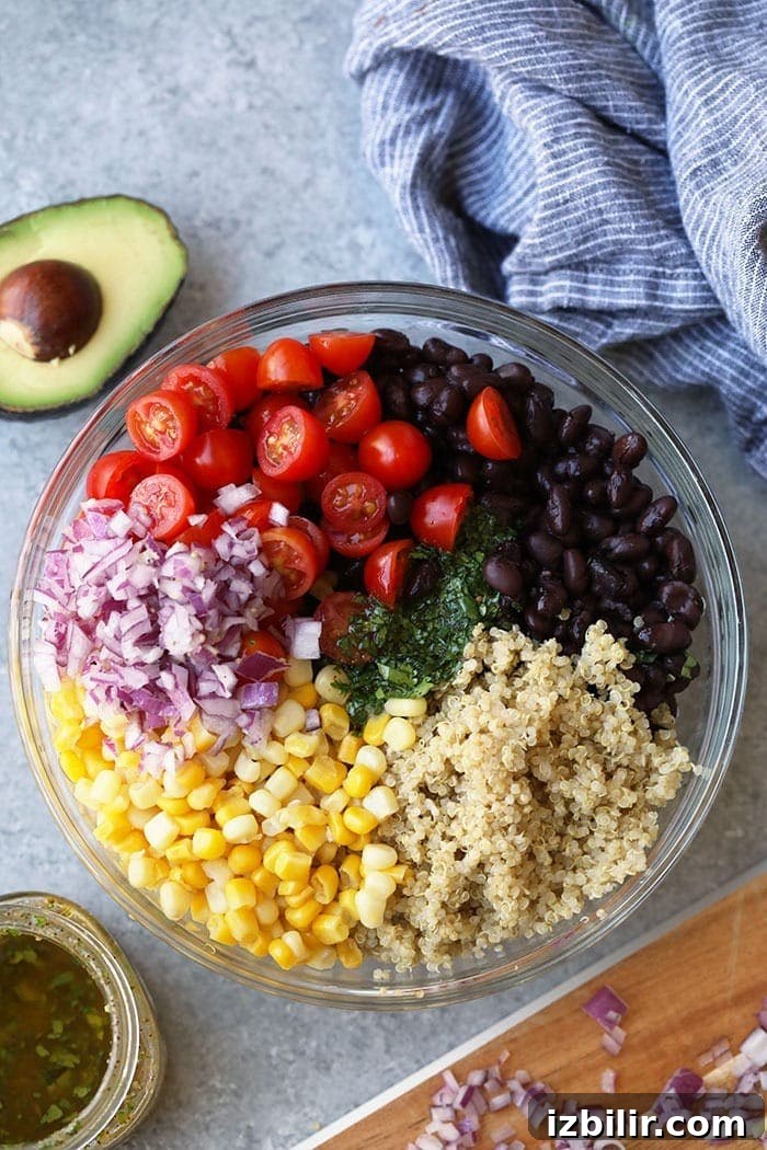 Quinoa salad is a favorite, healthy lunch idea. This Mexican Quinoa Salad recipe is packed with veggies, beans, and is high-protein! ingredients in bowl