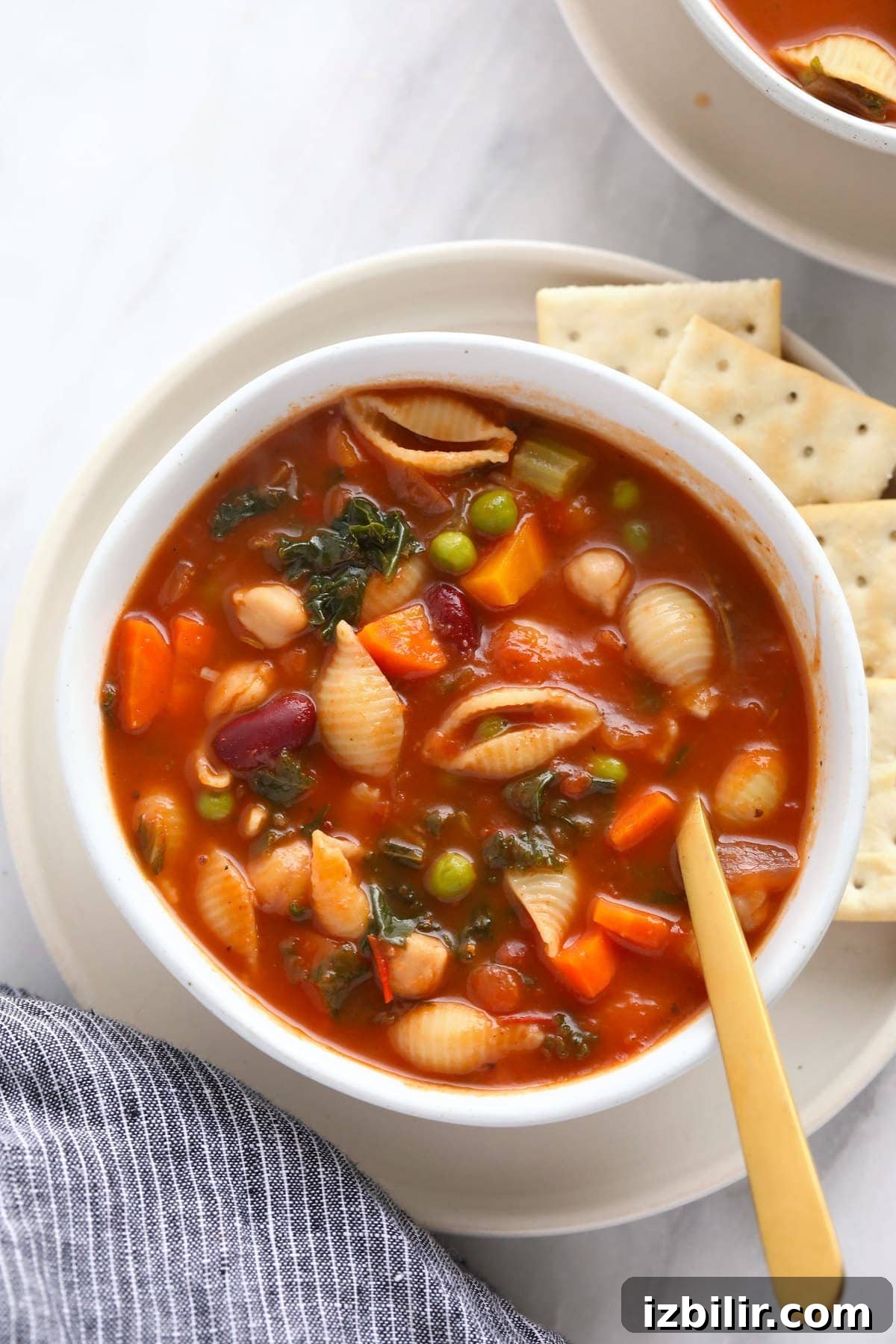 A bowl of minestrone soup with crackers on the plate beside it.