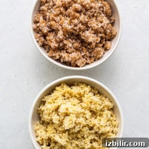 Roasted Sweet Potato and Mushroom Grain Bowl Recipe 6 Two bowls of quinoa and brown rice.