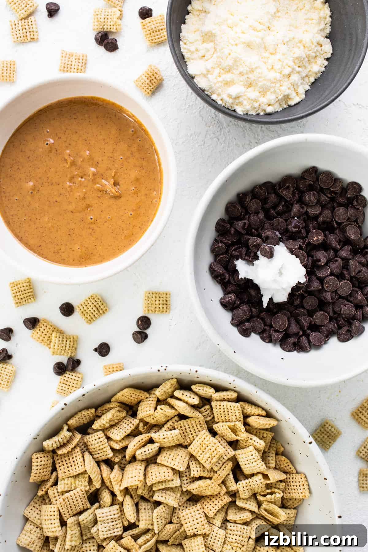 A bowl of cheesy granola and chocolate chips.