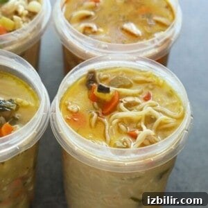 Golden Chicken and Orzo Soup Recipe 6 soup in storage container.
