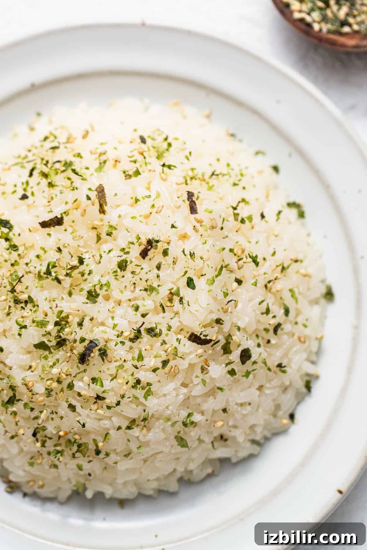 White rice on a plate with herbs and spices.