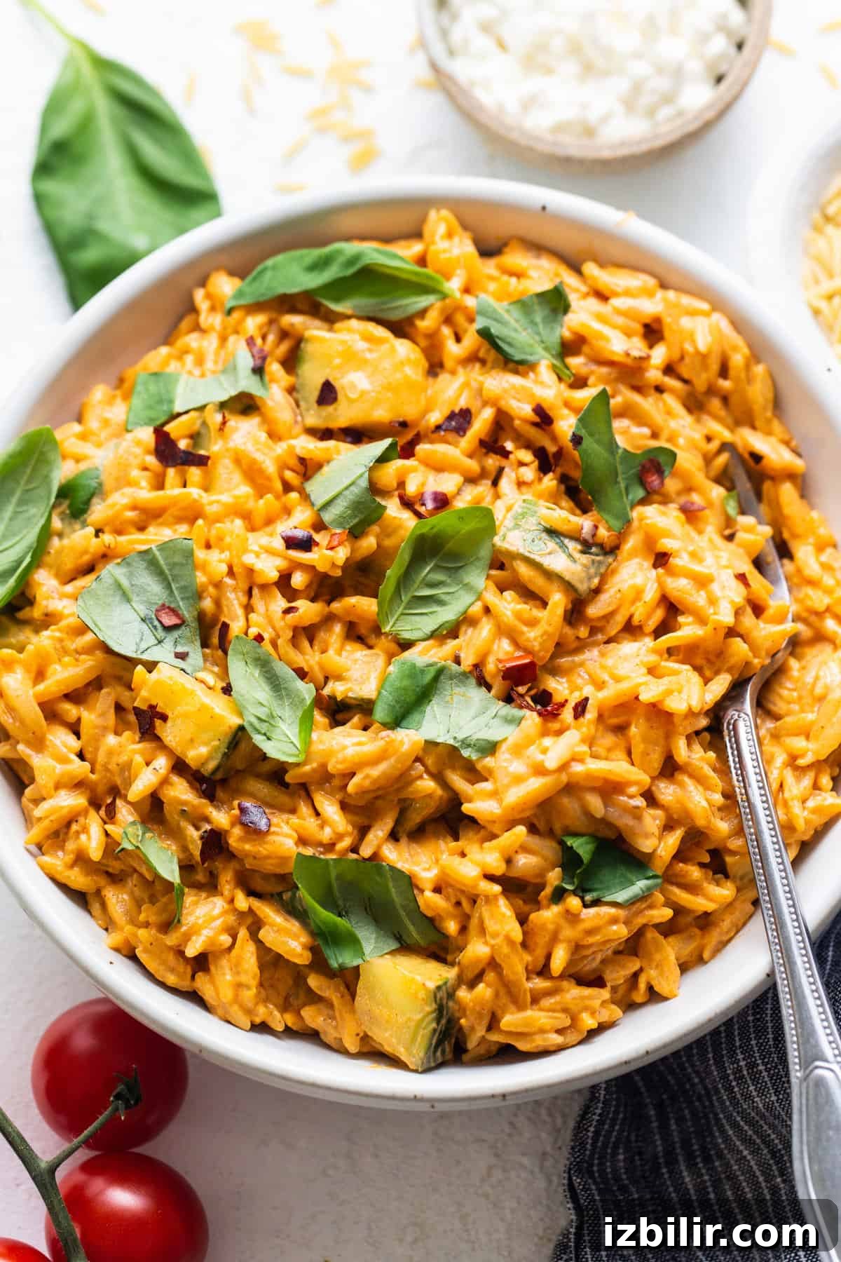 One-Pot Creamy Tomato Orzo with Fresh Basil 6 A bowl of rice with tomatoes and basil.