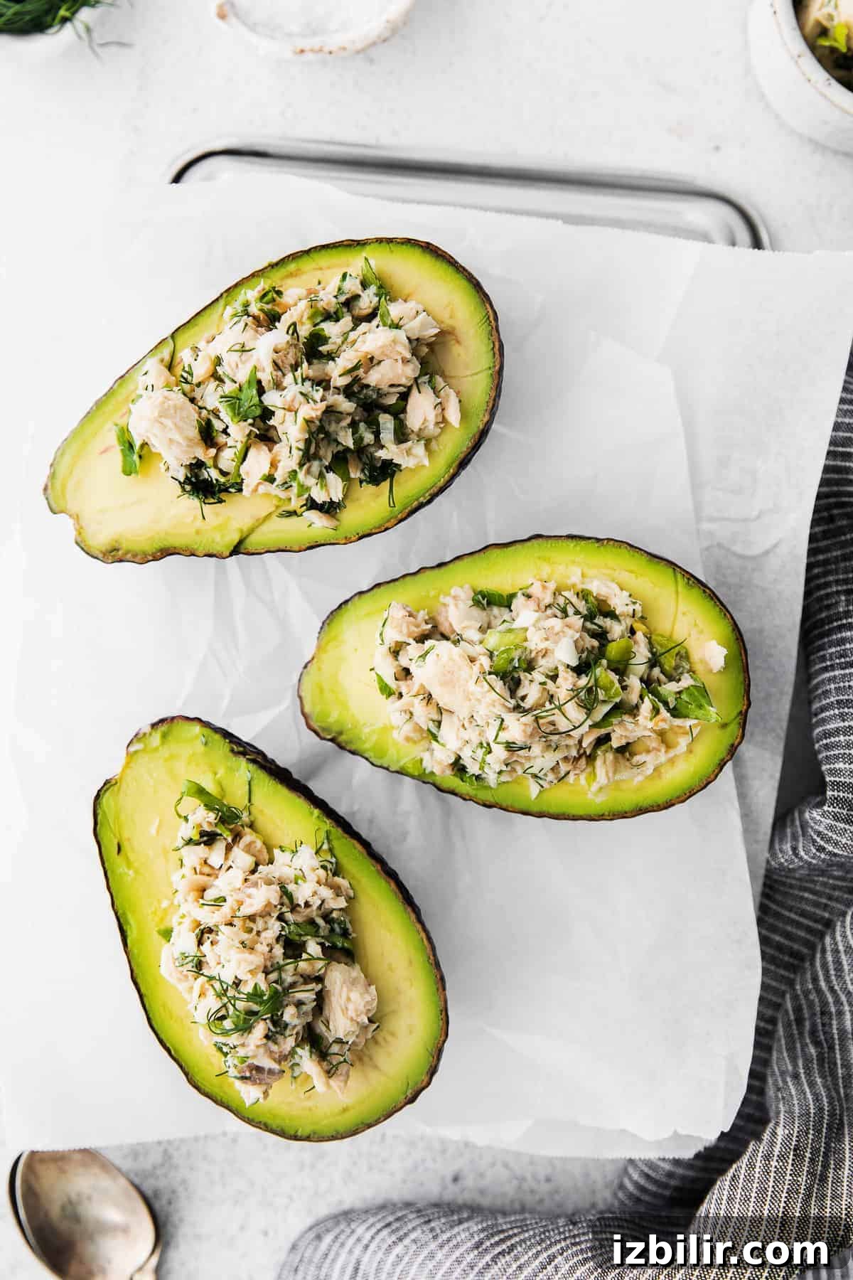 Salmon Stuffed Avocados Recipe with Dill and Lemon 7 Avocado boats stuffed with fresh salmon salad.