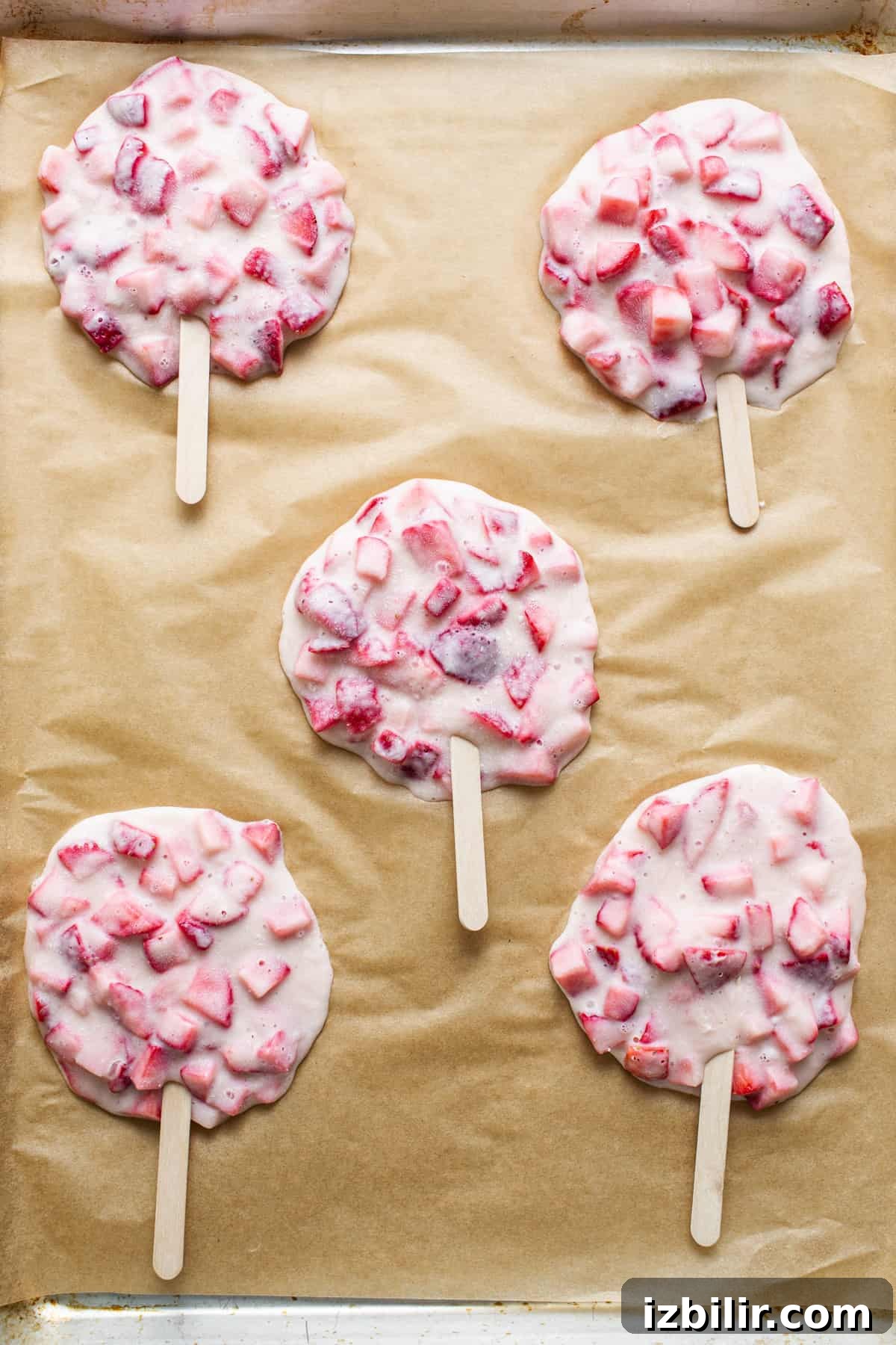 Chocolate-Dipped Strawberry Frozen Yogurt Bars 4 Strawberry popsicles on a baking sheet.