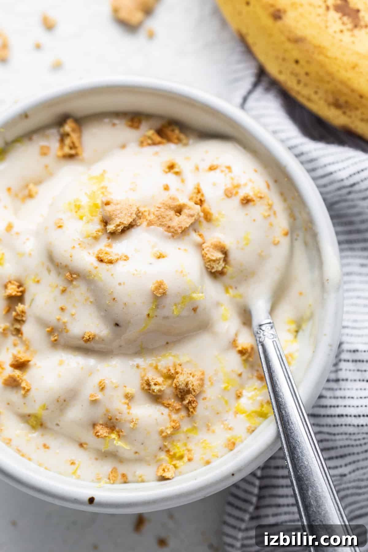 Lemon Cheesecake Nice Cream Recipe 2 A bowl of lemon cheesecake nice cream with a spoon.