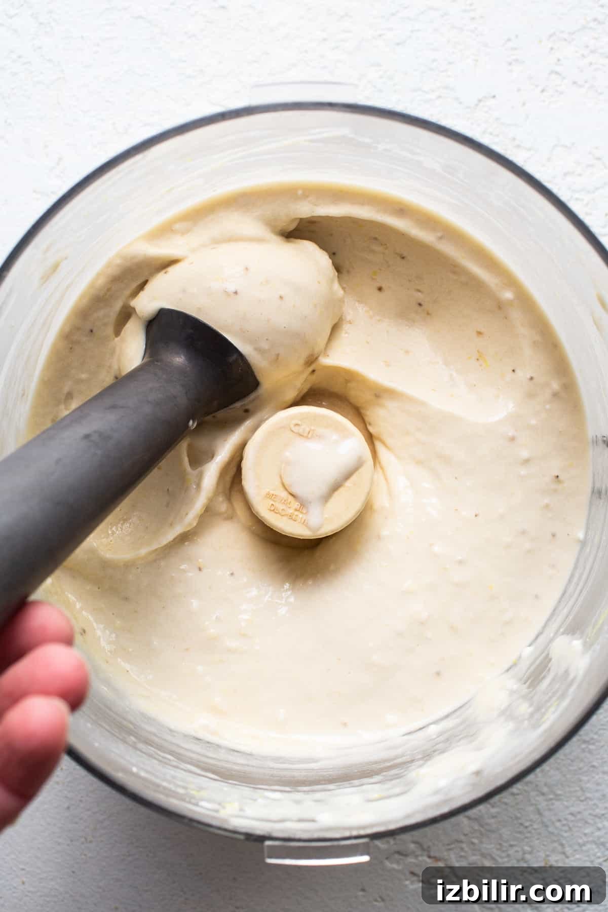 Lemon Cheesecake Nice Cream Recipe 6 A hand holding a scoop in a bowl of nice cream.