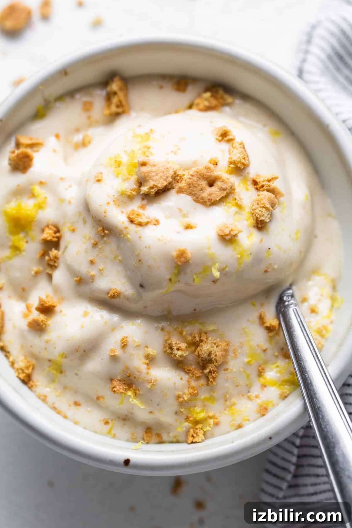 Lemon Cheesecake Nice Cream Recipe 7 A bowl of lemon cheesecake nice cream with a spoon.