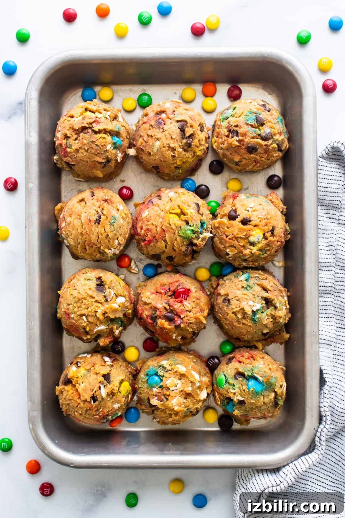 M & m cookies in a baking pan.